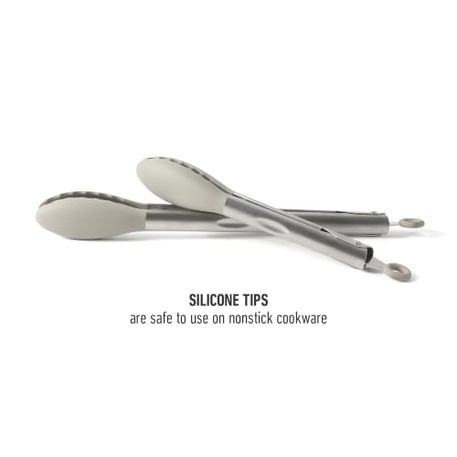 Image of Calphalon Edge Tongs Set, 2-Piece Stainless Steel Kitchen Tongs Set with Silicone Heads, Includes 9-Inch & 12-Inch Heat-Resistant Locking Tongs for Cooking, Grilling & Serving, Taupe