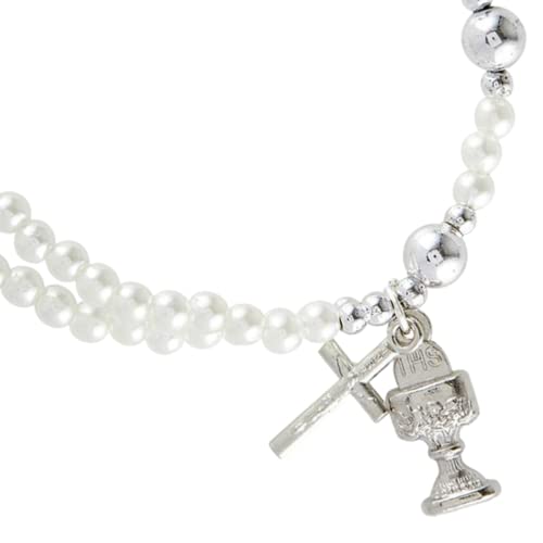 Image of Needzo First Communion Imitation Pearl Rosary Bracelet with Cross and Chalice Charms, Baptism Jewelry Gift, One Size Fits Most