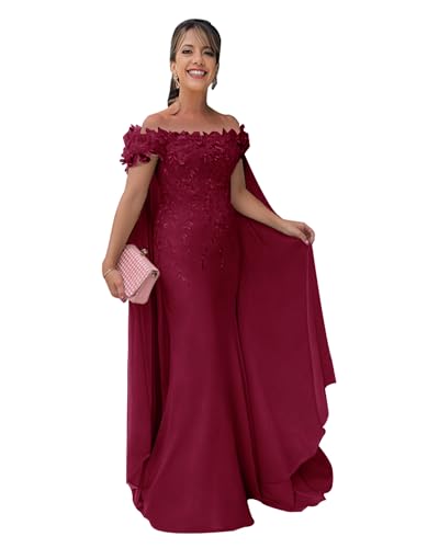 Lace Applique Mother of The Bride Dresses with Cape Mermaid Off Shoulder Chiffon Mother of Groom Dresses for Wedding