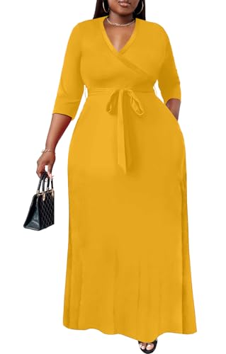 Image of Nmoder Plus Size Maxi Dress for Women - Summer Casual 3 /4 Sleeve Floral Flowy Long Dress with Belt XL- 6XL