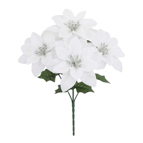 4 Heads Christmas Artificial Poinsettia Flowers Exquisite Faux Silk Poinsettia Bouquets with Stems Fake Flower Branches for XmasTree Ornaments Vase Filler Floral Arrangement Holiday Decor (White)