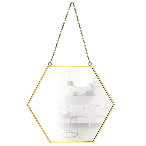 OTOTEC - Espejo de pared para colgar de tamaño grande de 30 x 26 cm, marco de latón para decoración hexagonal, para el hogar, baño, dormitorio, sala de estar, entrada, estilo vintage