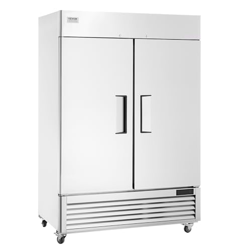 VEVOR Commercial Refrigerator 44.21 Cu.ft, Reach In 54.4″ W Upright Refrigerator 2 Doors, Auto-Defrost Stainless Steel Reach-in Refrigerator with 8 Shelves, 33 to 41℉ Temp Control, LED Light, 4 Wheels
