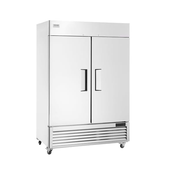 VEVOR Commercial Refrigerator 44.21 Cu.ft, Reach In 54.4″ W Upright Refrigerator 2 Doors, Auto-Defrost Stainless Steel Reach-in Refrigerator with 8 Shelves, 33 to 41℉ Temp Control, LED Light, 4 Wheels