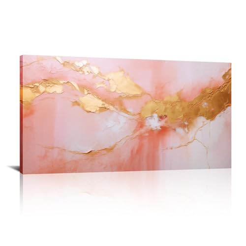 Tableau abstrait rose et doré pour salon moderne 86x192 cm