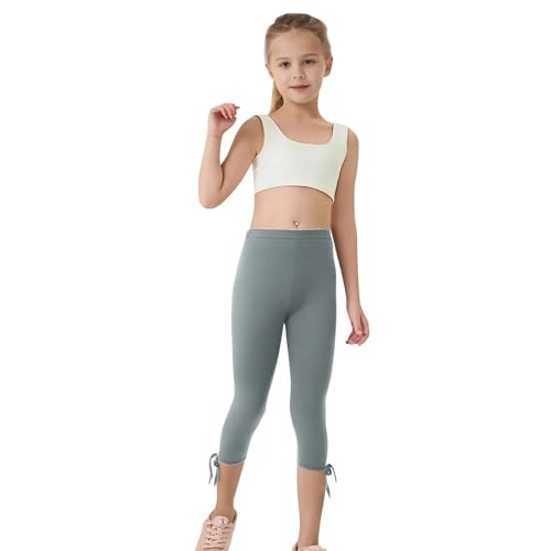 Girls Thin Stretchy Cropped Leggings 3/4 Length Tights Bowknot Side Tie Capri Pants High Waist Yoga Lightweight2