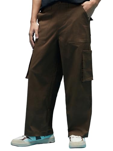 Image of Veirdo Baggy Fit with Button Closure Solid Lycra Woven Cargo Pants for Men (Colors: Beige, Black, Brown, Grey, Navy & Olive)
