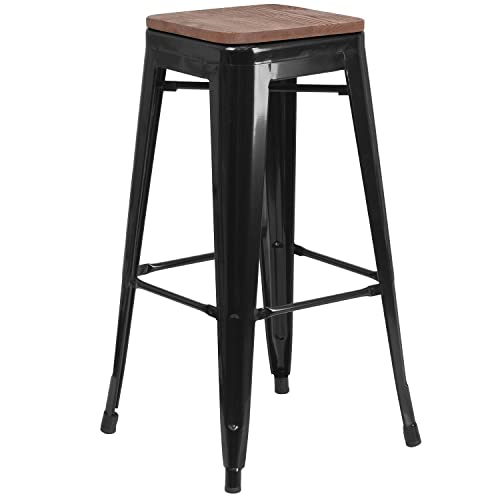Flash Furniture Butaco Metal Negro con Asiento Cuadrado de Madera 30" Alto miniatura 1