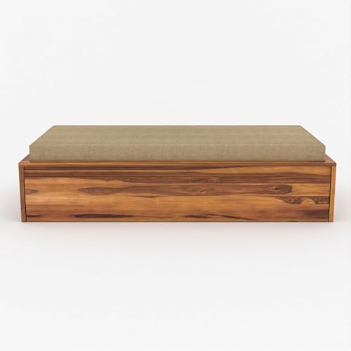 Image of Wooden Single Size Bed for Living Room, Drawing Room & Bedroom | Space Saving Wooden Cot /Palang /Diwan with Trundle Drawer Storage | Solid Sheesham Wood | Honey Finish