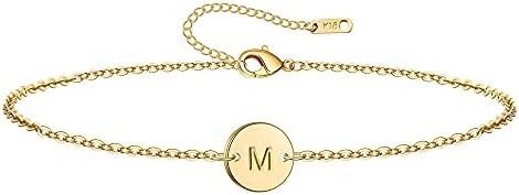 Ovian Initial Charm Bracelet for Women 18K Gold Plated stainless steel Coin Disc Engraved Letter M Bracelet Personalized Monogram Name Bracelet for Girls