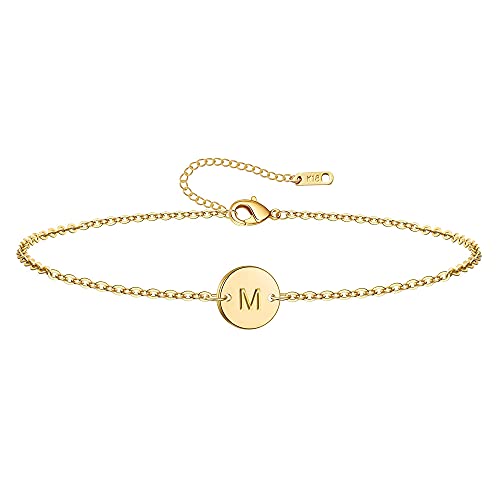 Ovian Initial Charm Bracelet for Women 18K Gold Plated stainless steel Coin Disc Engraved Letter M Bracelet Personalized Monogram Name Bracelet