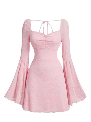 Image of WDIRARA Women's Floral Jacquard Mesh Gothic Dress Bell Long Sleeve A Line Vintage Dresses | Mesh fabric, A-line, vintage