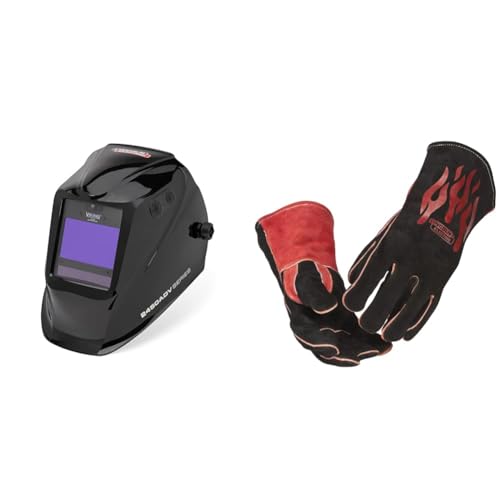Image of Lincoln Electric Viking 2450 ADV Series Black Welding Helmet - Integrated LED - K3028-5 & Traditional MIG/Stick Welding Gloves | 14" Lined Leather | Kevlar Stitching | K2979-ALL, Black, Red