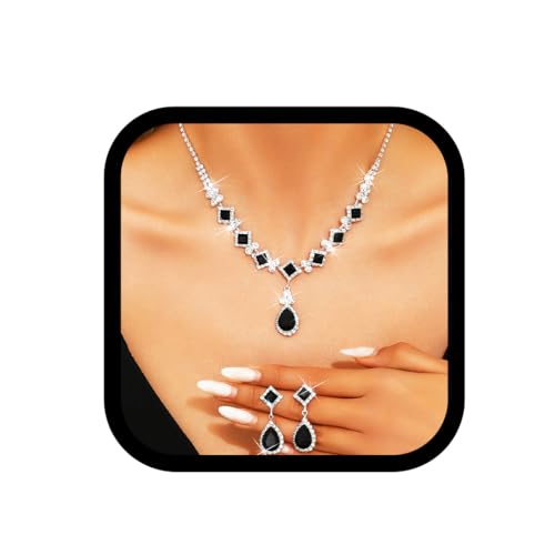 Image of EARENT Rhinestone Bridal Jewelry Sets Black Diamond Prom Necklace and Earring for Women (Black)