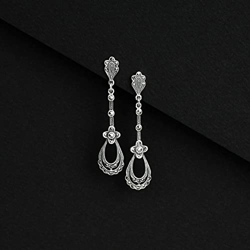 Gemondo USA Sterling Silver 925 Marcasite Art Nouveau Lace Pattern Chandelier Drop Earrings4