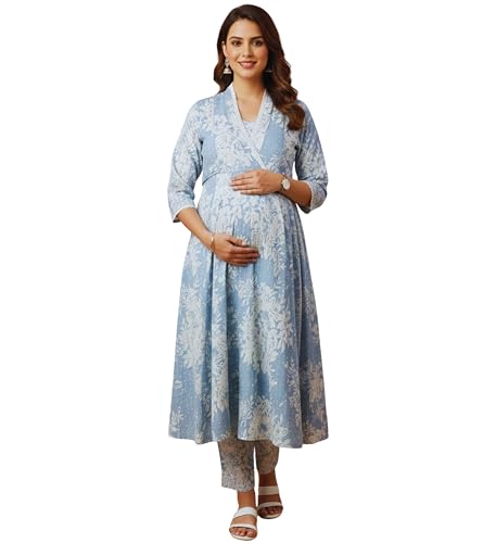 Image of DUMMY SHAPE Maternity Dresses for Women Cotton Blend | Floral Kurta Pant Dupatta Set with Nursing Zippers to Pre & Post Partum | Feeding Kurtis | Mom to Be Gifts for Pregnant Woman