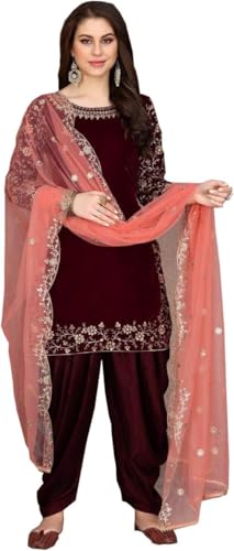 Delightful Velvet Ready To Wear Punjabi Patiala Suits Wedding Wear Designer Shalwar Kameez Dress (US, Numeric, 34, Regular, Regular, Red)