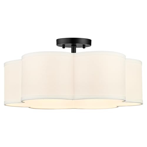 Image of Black Semi Flush Mount Ceiling Lights, 6-Light 18Inch Ceiling Light Fixtures with Fabric Drum Shade in Flower Shape for Nursery Bedroom Kitchen, AD-22007-6SF-BK