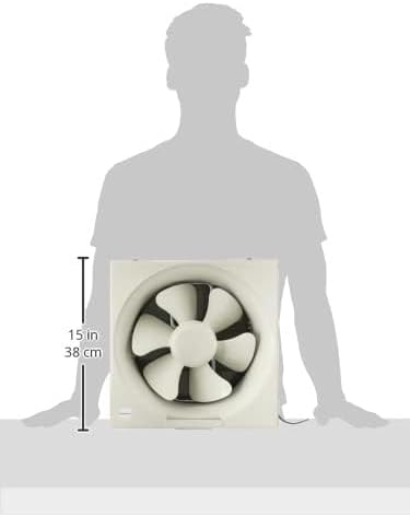 Dimensional diagram of the Panasonic FV-25RG Ventilating Fan, showing its 15-inch blade length and overall size in relation to a person.