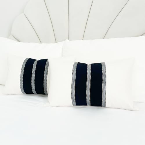 Slow Cow MN-632 Pack Of 2 Linen Off White And Black Patchwork Rectangular Throw Pillow Cover Decorative Cushion Cover For Couch Sofa Lumbar 12 X 20 Inches cover