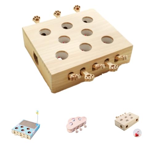 Sandqvipa木製 猫 おもちゃ 猫じゃらし モグラ叩き ネコ ねこのおもちゃ 厳選木材使用 安全素材 木箱 ねこじゃらし ペット マウス ネズミ 知育玩具 ペットグッズ 自分で遊ぶ好奇心をくすぐる もぐらたたき 運動不足 ストレス解消 (毛むくじゃら