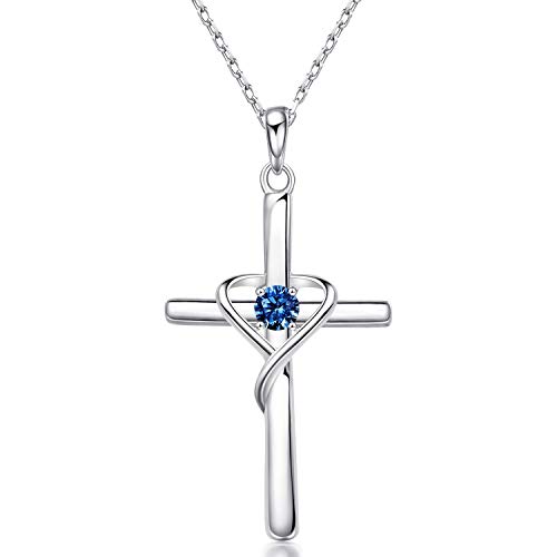 AmorAime 925 Sterling Silver Cross Necklace for Women Men 14K Gold Plated Birthstone Necklaces 5A CZ Rose Gold Necklace for Easter or Christmas