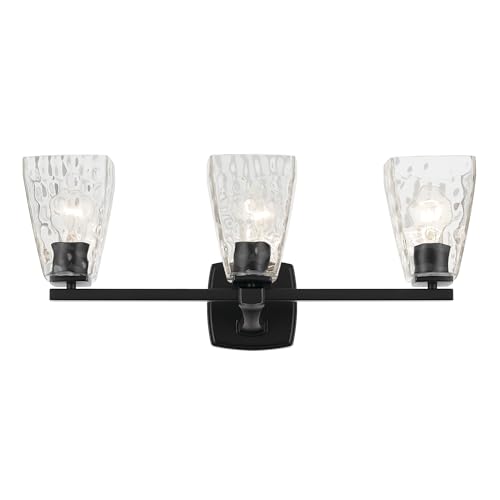 Image of Kichler Marant 21.25 inch 3-Light Bathroom Vanity Light Fixture with Clear Water Glass in Black, Modern Wall Mount Over Mirror for Powder Room (21.25 inch W x 9.5 inch H), 55216BKWTR