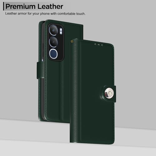 Image of Pikkme Flip Cover Leather Finish | Inside TPU with Card Pockets | Wallet Stand and Shock Proof | Complete Protection Button Flip Case for Vivo Y19s(Green)