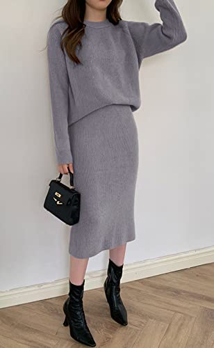 Image of chouyatou Women's Two Piece Sweater Skirt Sets Knit Sweater Top Bodycon Skirt 2 Piece Outfits
