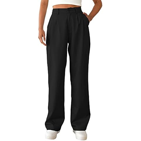 Bnycuml Women's Casual Straight Trousers High Waisted Button Work Office Dress Pants with Pockets (Black,Large) Cover