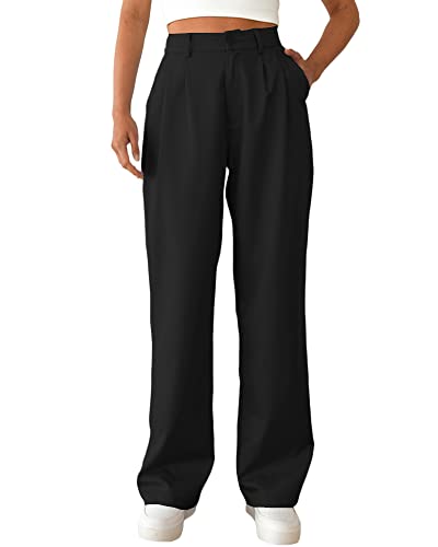 Women's Casual Straight Trousers High Waisted Button Work Office Dress Pants with Pockets (Black,Small Short)