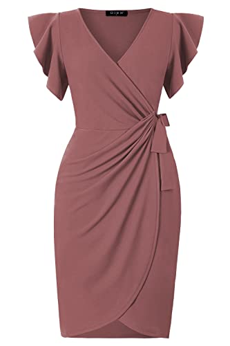 Image of oten Womens Deep V Neck Ruffle Sleeve Sheath Casual Cocktail Party Work Faux Wrap Dress