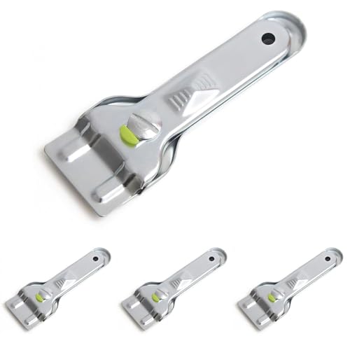 Fackelmann Rasqueta de Vitrocerámica, Idónea para Limpieza de Vitrocerámica, Cristal y Azulejos, 14x4 cm, Zinc, Inserto Plástico en Color Verde, 1 ud, Incluye 5 Recambios (Paquete de 4)