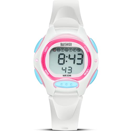 BAISHIOI Kids Watch Digital for Girls Boys Teenagers Sport Outdoor Waterproof Analog Watch for Children with Silicone Band Stopwatch with EL Backlight/Timer/Alarm/Date (White)
