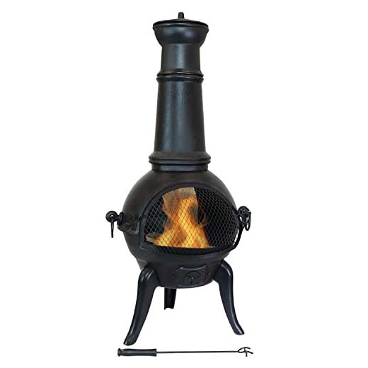 Sunnydaze Pioneer Black Cast Iron Outdoor Chiminea - Wood-Burning Fire Pit with Wood Grate, Fire Poker and Cover - Backyard Patio Metal Outside Fireplace - 42-Inch