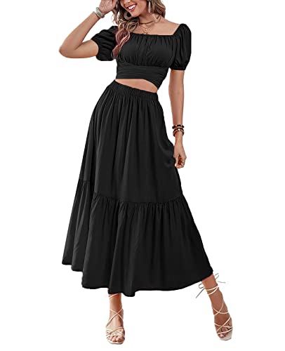 Lyaner Women's 2 Pcs Outfits Wrap Tie Short Sleeve Crop Top Ruffle Maxi Skirt Set Black Large #TOP3