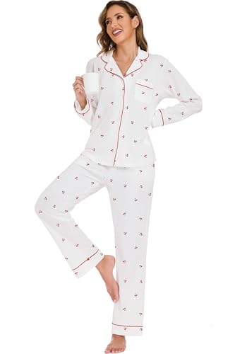 Image of LUBOT 100% Cotton Pajamas for Women Pajama Set 2 Piece PJ Sleepwear Set Soft Ladies Button Knit Long Sleeve Loungewear XS-XXL