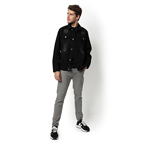 Image of Campus Sutra Men's Dark-Washed Black Regular Fit Denim Jacket For Winter Wear | Collared Neck | Full Sleeve | Buttoned | Casual Denim Jacket For Man | Western Stylish Denim Jacket For Men