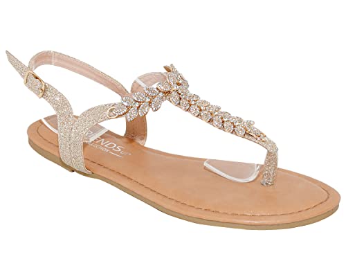 Trendsup Collection Womens T-Strap Buckle Flats Sandals (9, Champagne Glitter) #TOP3