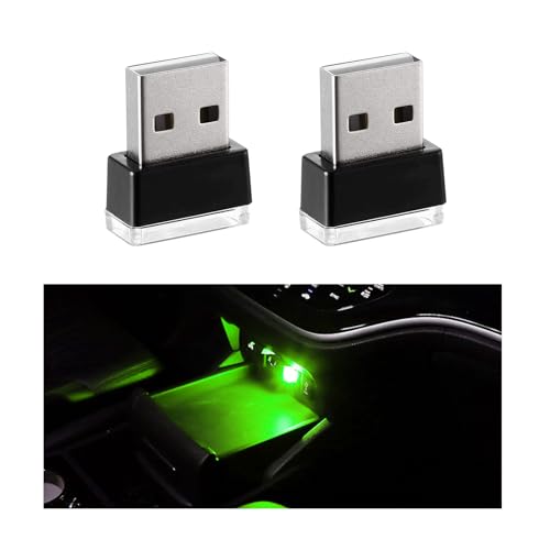 Sylvil 2 PCS USB LED Car Interior Atmosphere Lamp, Portable Mini LED Night Light, Plug-in USB Interface Trunk Ambient Lighting Kit, Universal Interior Car Accessories (Green)
