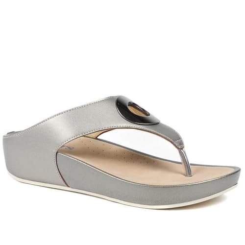 Image of Pavers Wide Fit Toe Post Wedge Sandals - Pewter Size 4