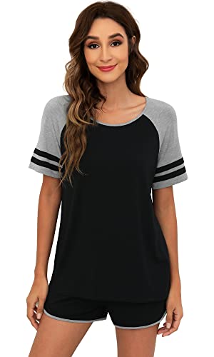 WiWi Conjunto de pijama de bambú para mujer, 2 piezas, conjunto de pijama suave, ropa de dormir de manga corta con pantalones cortos, ropa de dormir S-XXL, Negro, Large