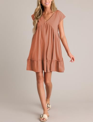Image of APAFES Women's Summer Dress A Line V-Neck Ruffle Hem Sundress Flowy Swing Mini Dress with Pockets