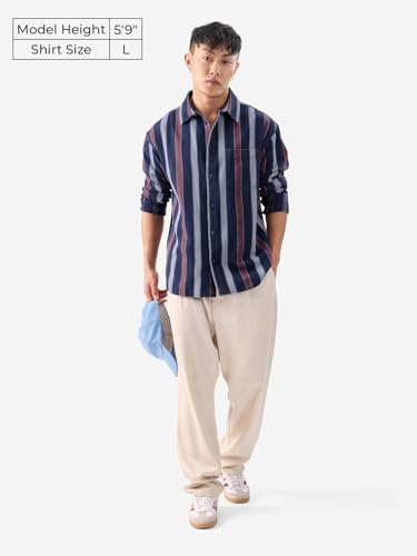 Image of The Souled Store Stripes: Blue, Rust Red Men and Boys Long Sleeves Collared Neck Button Front Cotton Relaxed Fit Shirts