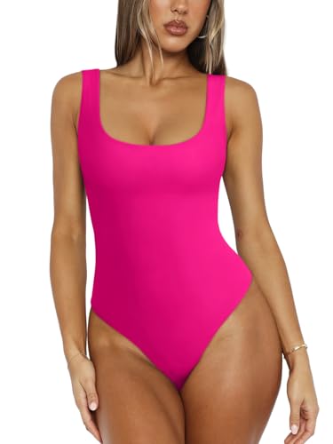 REORIA Womens Sexy Scoop Neck Sleeveless Bodysuit Backless Double Lined Tank Tops Neon Rose Red Small