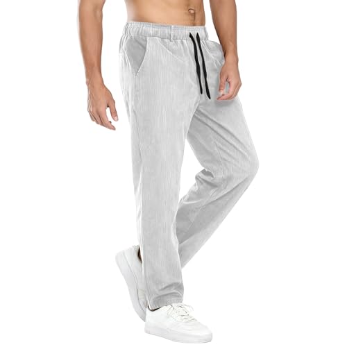 Men's Corduroy Pants Elastic Waist Drawstring Fashion Baggy Fit Casual Long Trousers Comfy Sweatpants Grey