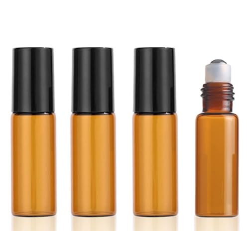 DreamAug 4Pcs 5ml Amber Glass Roller Bottles with Black Metal Roller Balls - Empty Essential Oil Roll-On Bottles for Aromatherapy Perfumes and Massage