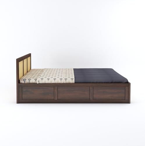 Image of Solid Sheesham Wood Queen Size Bed with Hydraulic Storage Wooden Double Bed Cot Palang Furniture for Bedroom Living Room Home Furniture (Walnut Finish) | 1 Year Warranty