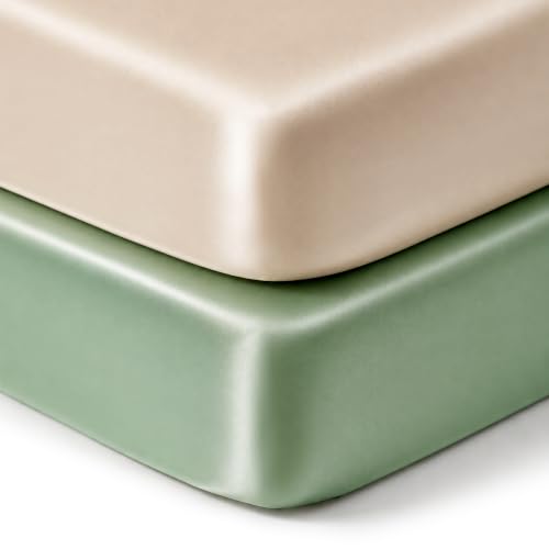 Image of 2 Pack Satin Crib Sheets for Baby Hair Care - Oeko-TEX Certified Silky Soft Fitted Mattress Cover 28x52 - Breathable & Gentle on Skin, Snug Fit for Standard Crib (Sage & Champagne)