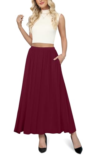 Yincro Womens Maxi Skirt Casual Flowy Elastic High Waist Long Skirts with Pockets (Burgundy, M)